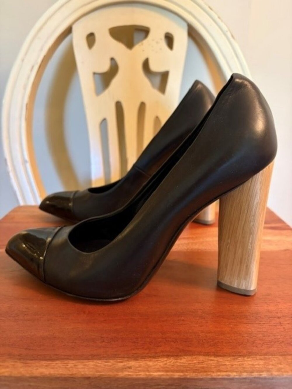 Yves Saint Laurent (YSL) "Charlotte" cap-toe pumps Wood Heel Sz 37 Black